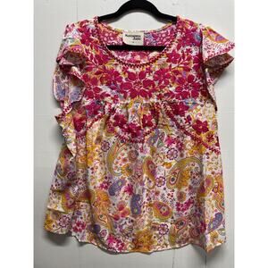 Savanna Jane Women's Embroidered Top Size 1X Bright Pink Paisley Floral Print